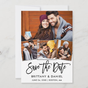 Modern Brush Script 4 Photo Collage Couple Save The Date