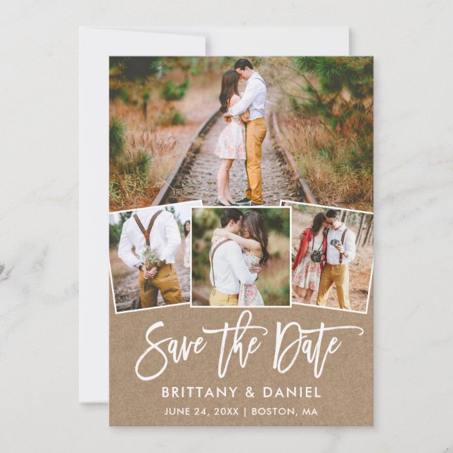 Modern Brush Script 4 Photo Collage Kraft Save The Date (Front)