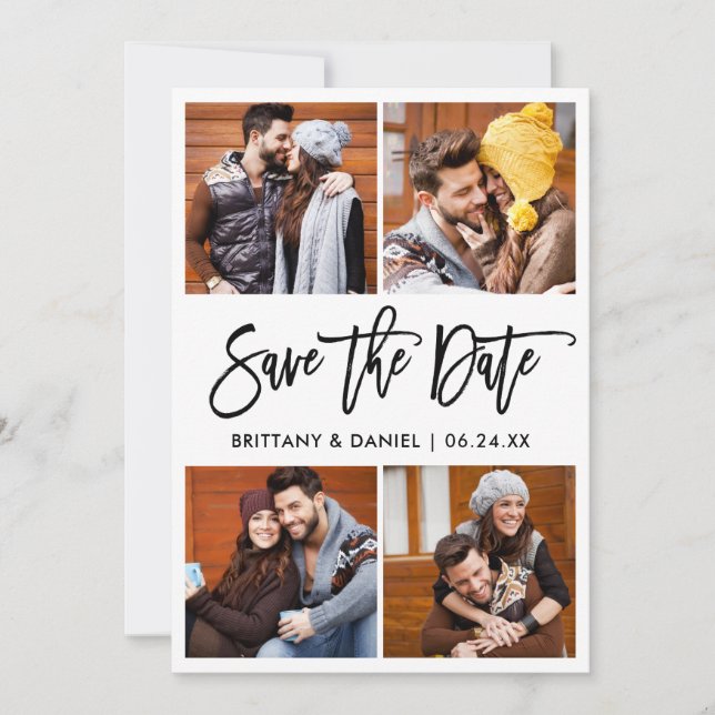 Modern Brush Script 4 Photo Collage Save The Date (Front)