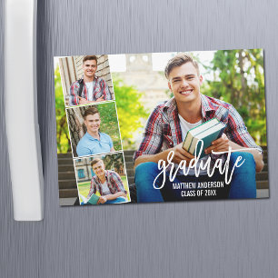 Modern Brush Script 4 Photo Graduation Magnet Card