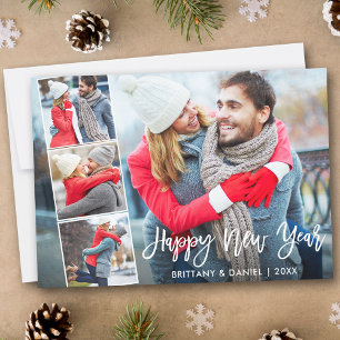 Modern Brush Script 4 Photo Happy New Year Holiday Card