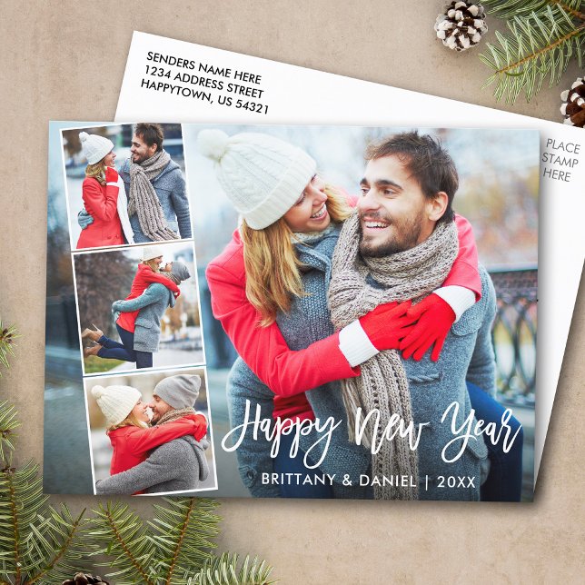 Modern Brush Script 4 Photo Happy New Year Postcard (Customize to change your personalized text size or text style.)