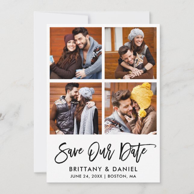 Modern Brush Script 4 Photo Save Our Date Card (Front)