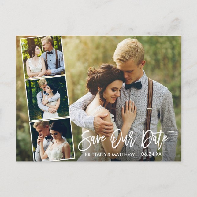 Modern Brush Script 4 Photo Save Our Date Postcard (Front)