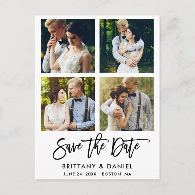 Modern Brush Script 4 Photo Save The Date Postcard (Front)