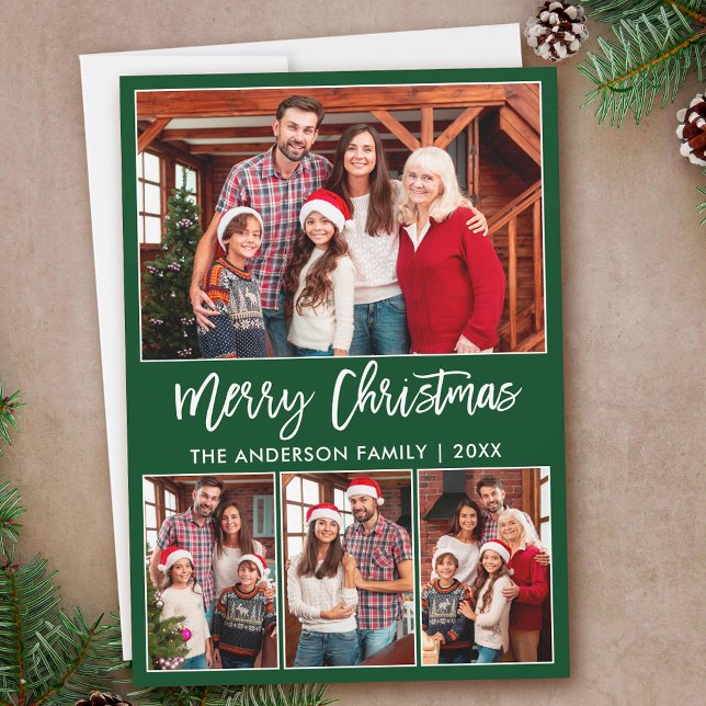 Modern Brush Script 4 Photos Merry Christmas Green Holiday Card (Customize to add text to back of card or to change background color of card.)
