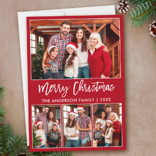Modern Brush Script 4 Photos Merry Christmas Red Holiday Card