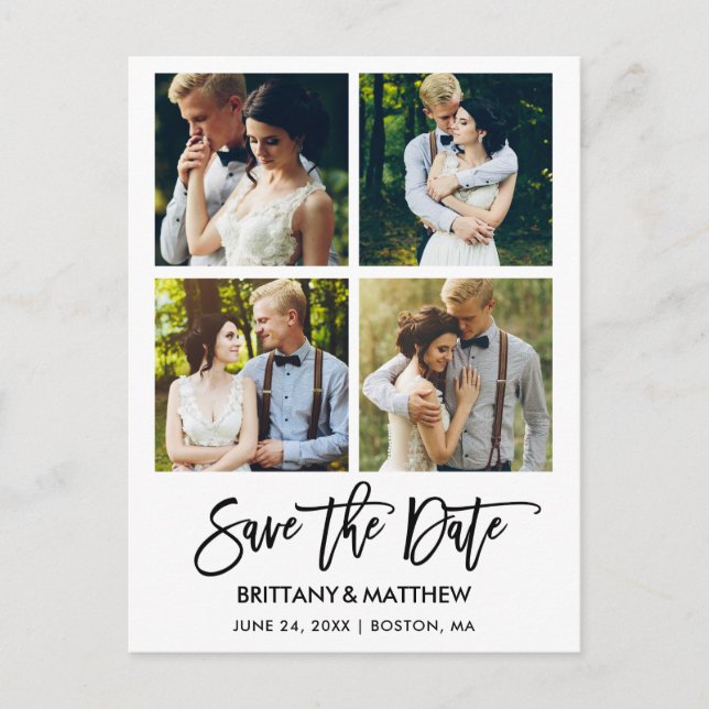 Modern Brush Script 4 Photos Save The Date Postcard (Front)