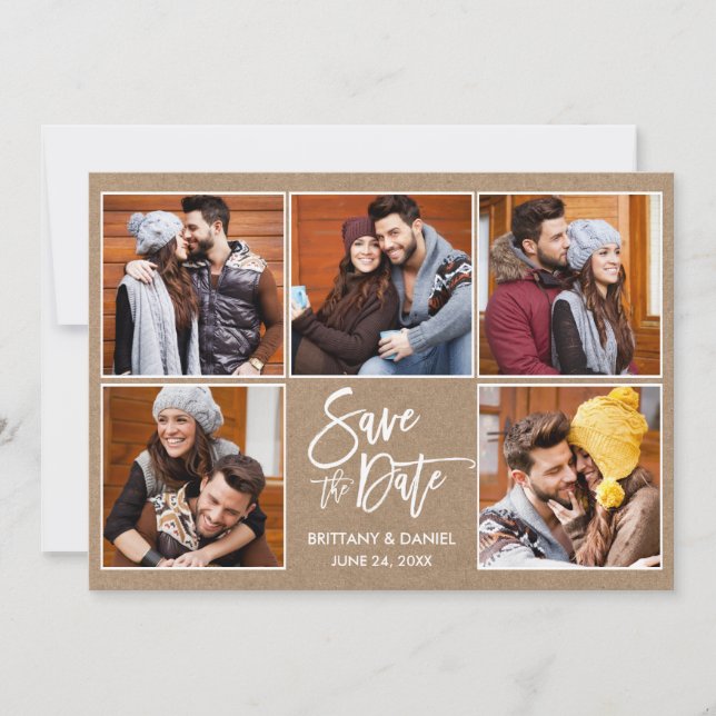 Modern Brush Script 5 Photo Kraft Save The Date (Front)