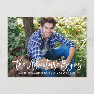 Modern Brush Script Adventure Begins Graduation Postcard