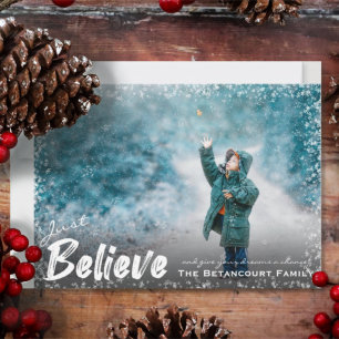 Modern Brush Script Believe   Snow Photo Christmas Holiday Card