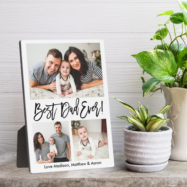 Modern Brush Script Best Dad Ever 3 Photo Plaque (Customize to change your personalized text size or text style.)