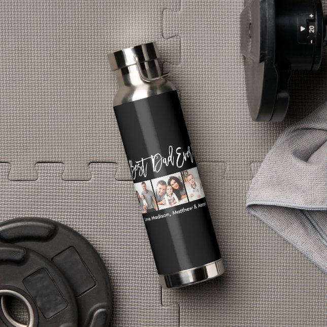 Modern Brush Script Best Dad Ever 3 Photo Water Bottle (Gym)