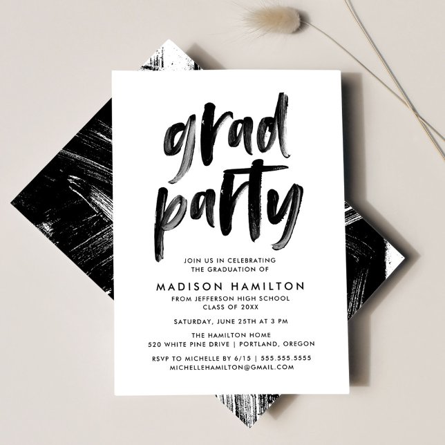 Modern Brush Script Black and White Grad Party Invitation (Creator Uploaded)