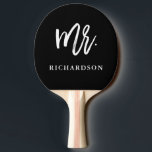 Modern Brush Script Black | Mr Ping Pong Paddle<br><div class="desc">This stylish ping pong paddle says "Mr." in trendy white script typography on a black background,  and also has a spot for your last name.</div>