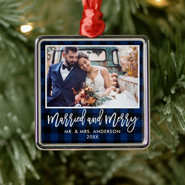 Modern Brush Script Blue Plaid Married and Merry Metal Tree Decoration (Tree)