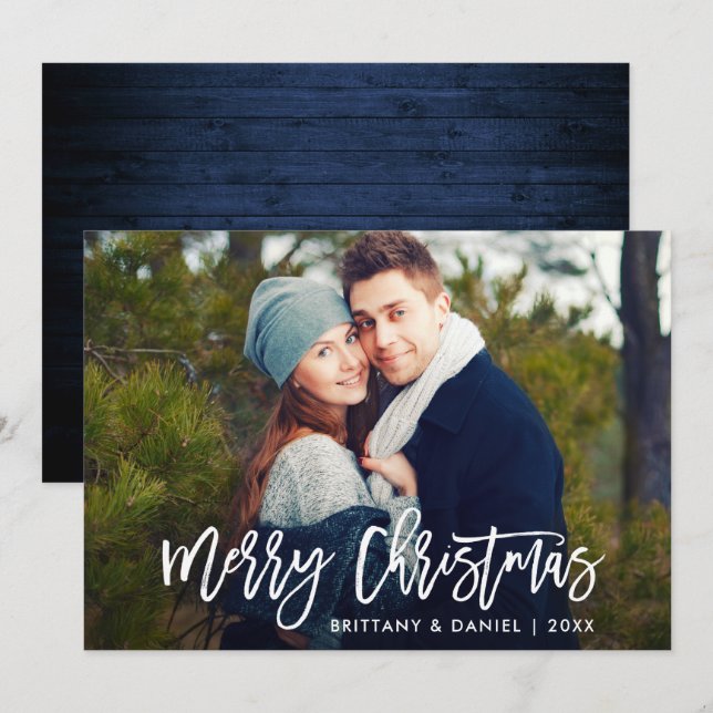 Modern Brush Script Blue Wood Christmas Card (Front/Back)