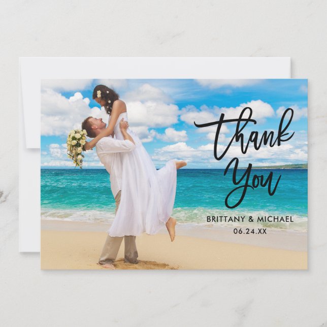 Modern Brush Script Bride Groom Name Photo Wedding Thank You Card (Front)