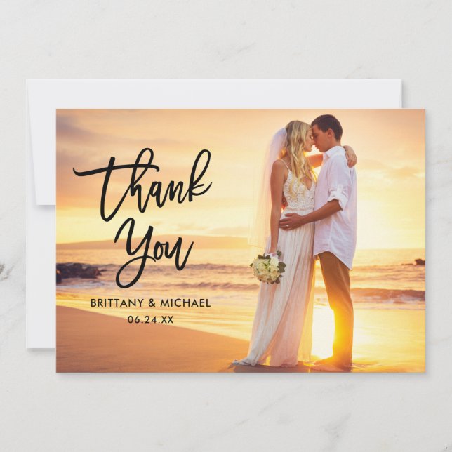 Modern Brush Script Bride Groom Photo Name Wedding Thank You Card (Front)