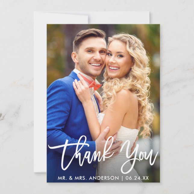 Modern Brush Script Bride Groom Wedding Photo Thank You Card (Front)