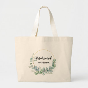 Modern Brush Script Bridesmaid Botanical Greenery Large Tote Bag