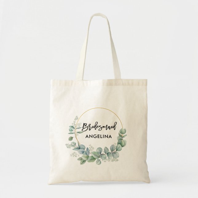 Modern Brush Script Bridesmaid Botanical Greenery Tote Bag (Front)