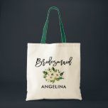 Modern Brush Script Bridesmaid Green White Floral Tote Bag<br><div class="desc">Modern Trendy Brush Script Watercolor Green White Floral Bridesmaid Tote Bag - Green Handle</div>