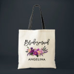 Modern Brush Script Bridesmaid Purple Floral Tote Bag<br><div class="desc">Modern Trendy Brush Script Watercolor Purple Ultra Violet Floral Bridesmaid Tote Bag</div>