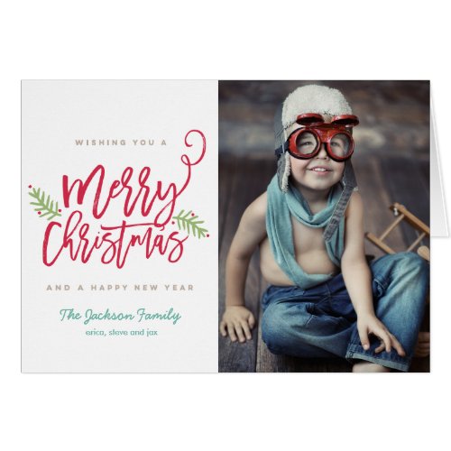 Modern Brush Script Bright Christmas Holiday Photo Card