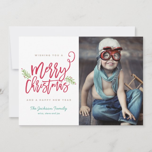 Modern Brush Script Bright Christmas Holiday Photo Card (Front)