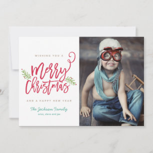Modern Brush Script Bright Christmas Holiday Photo Card