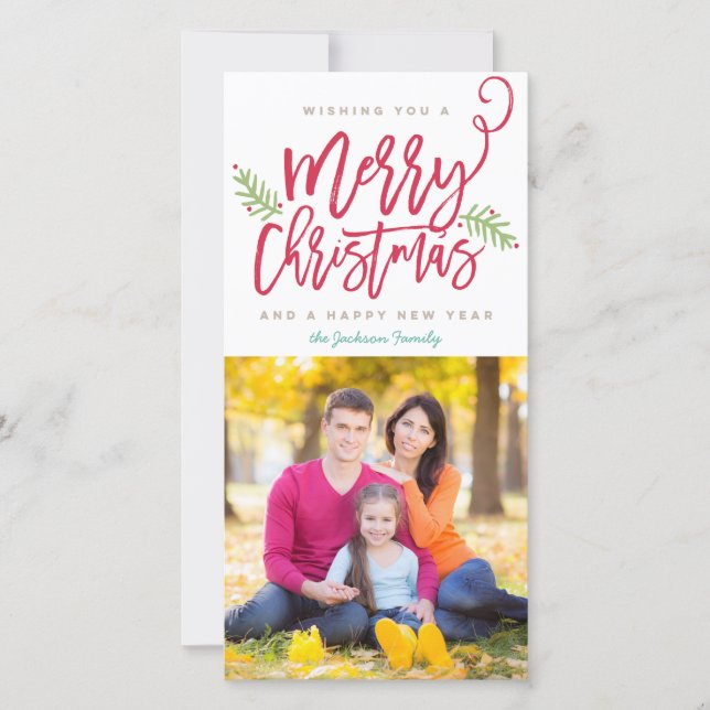 Modern Brush Script Bright Christmas Holiday Photo Card (Front)