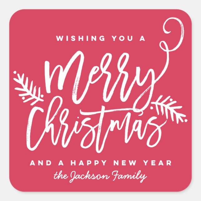 Modern Brush Script Bright Christmas Holiday Red Square Sticker (Front)