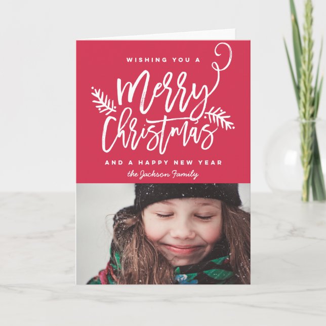 Modern Brush Script Bright Christmas Photo Folded Holiday Card (Front)