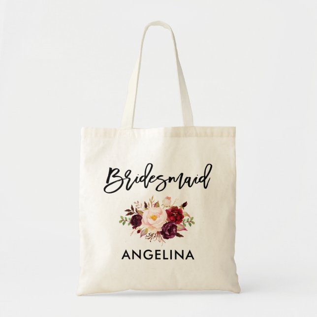 Modern Brush Script Burgundy Floral Bridesmaid Tote Bag (Front)