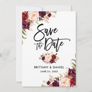 Modern Brush Script Burgundy Floral Save The Date