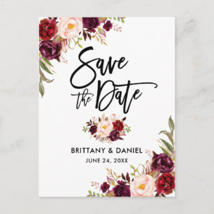 Modern Brush Script Burgundy Floral Save the Date Announcement Postcard