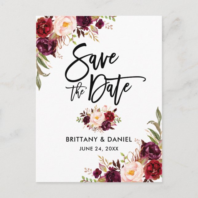 Modern Brush Script Burgundy Floral Save the Date Announcement Postcard (Front)