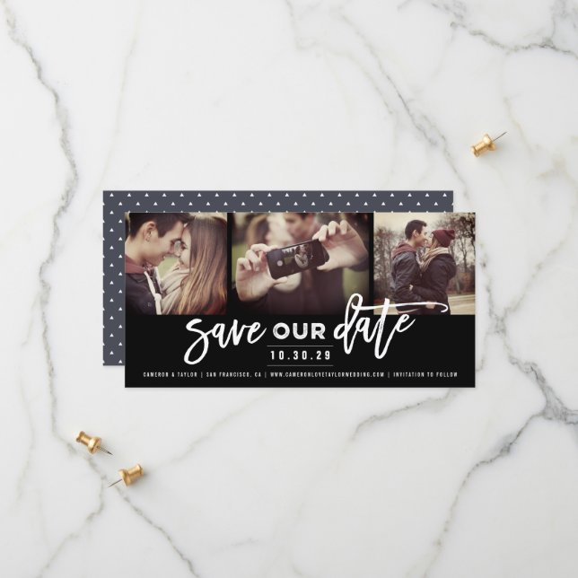 Modern Brush Script Calligraphy 3 Multi Photo Save The Date (Front/Back In Situ)