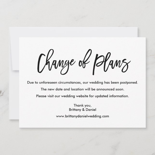 Modern Brush Script Change of Plans Wedding Card (Front)