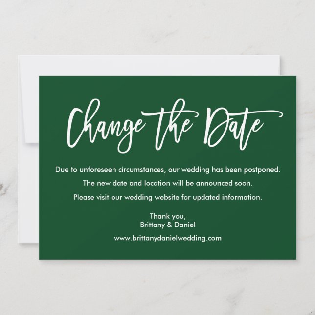 Modern Brush Script Change The Date Green Card (Front)