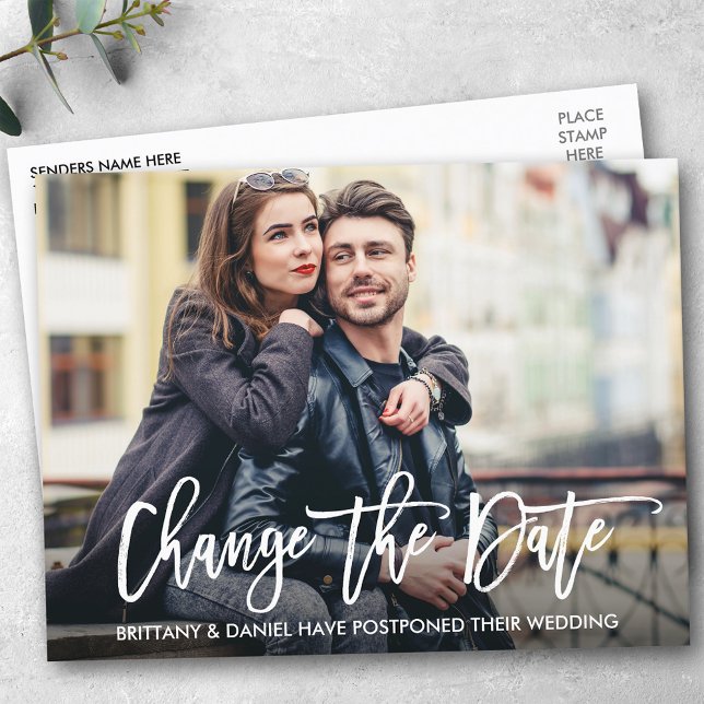 Modern Brush Script Change The Date Photo Postcard (Customize to change your personalized text size or text style.)
