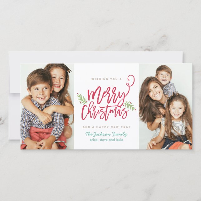 Modern Brush Script Christmas Holiday 2-Photo Card (Front)