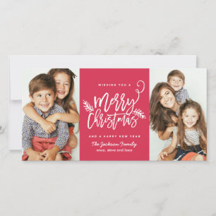 Modern Brush Script Christmas Holiday 2-Photo Red Card