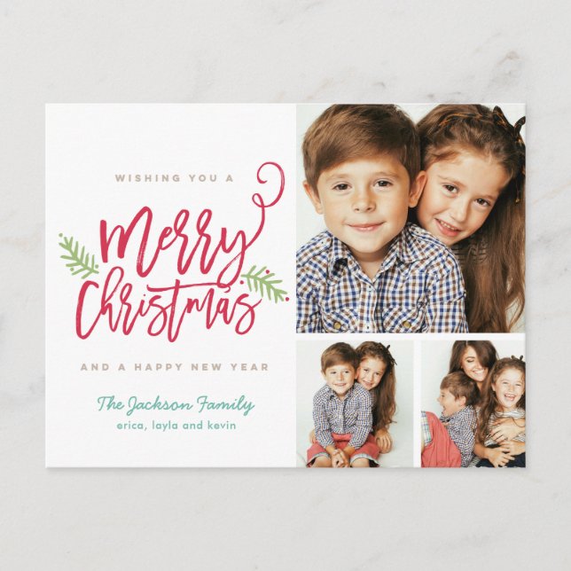Modern Brush Script Christmas Holiday 3-Photo Postcard (Front)