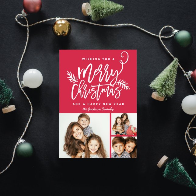 Modern Brush Script Christmas Holiday 3-Photo Red Card (Creator Uploaded)