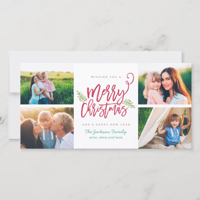Modern Brush Script Christmas Holiday 4-Photo Card (Front)