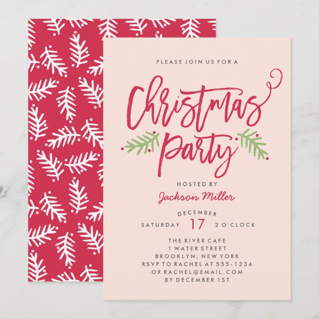 Modern Brush Script Christmas Holiday Party Blush Invitation (Front/Back)
