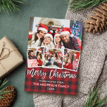 Modern Brush Script Christmas Red Plaid 4 Photo  Holiday Card<br><div class="desc">Modern Brush Script 4 Photo Merry Christmas Family Holiday Card - Red Buffalo Plaid</div>