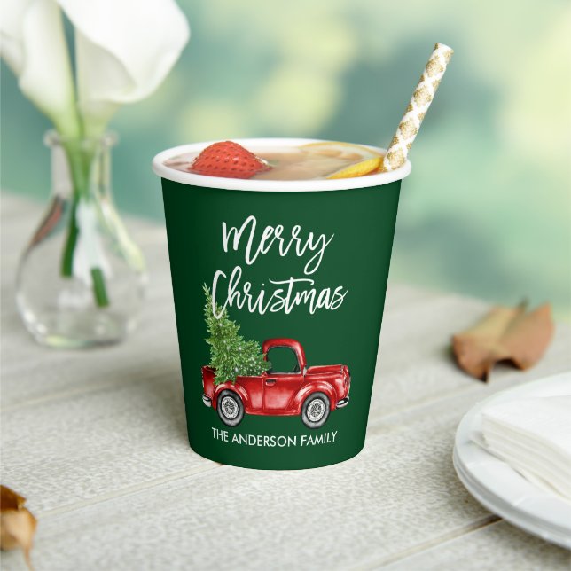 Modern Brush Script Christmas Red Truck Green Paper Cups (Insitu)